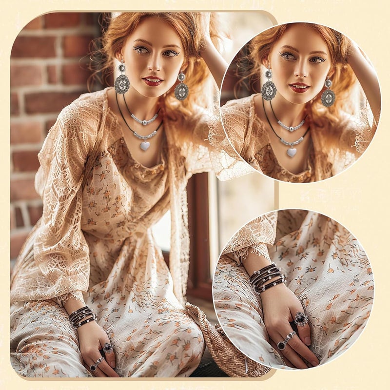 Ecally Store Bohemian Western Jewelry Turquoise Set Women Country Pendant Long Choker Layered Bracelets Earrings Ring for Women - Image 5